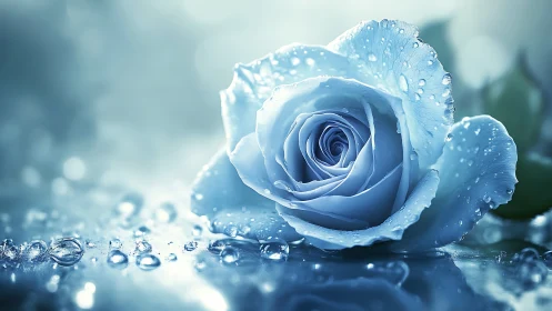 Serene Blue Rose Glistens with Fresh Morning Dewdrops