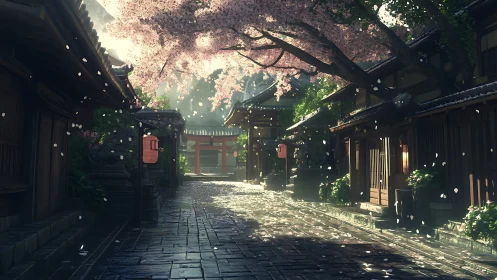 Cherry blossoms drift over a tranquil old Japanese street