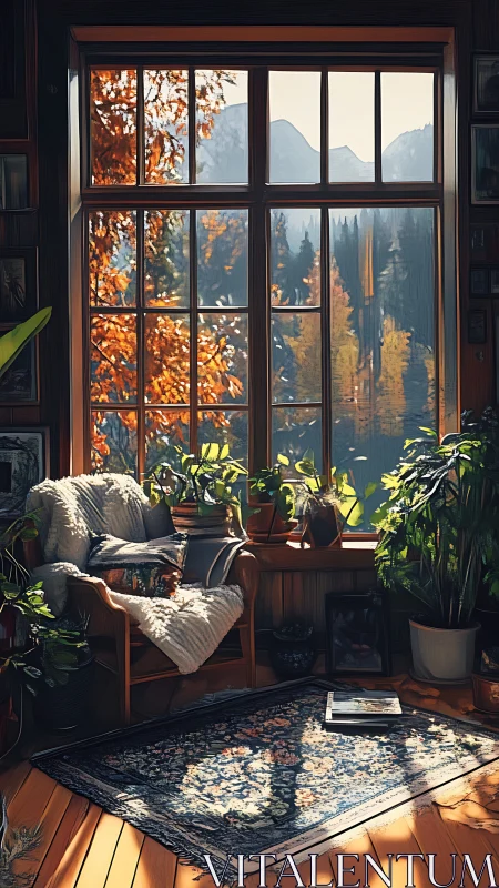 Cozy reading nook overlooks sunlit autumn mountain valley.