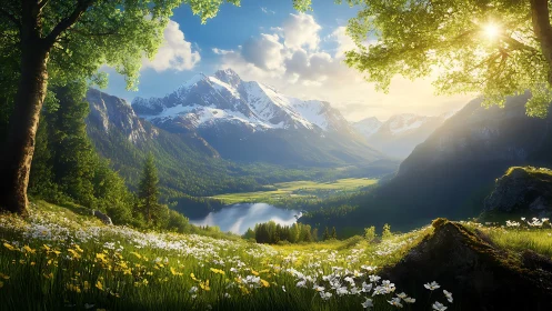 Sunlit wildflower balcony above emerald valley and snowy peaks.