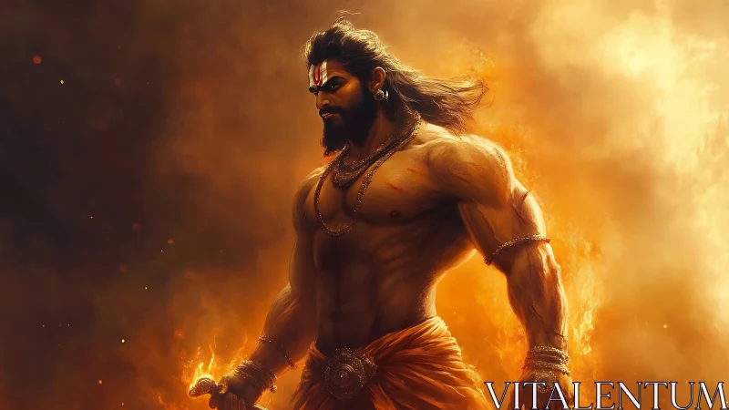 Mythic warrior stands in fiery orange atmospheric glow