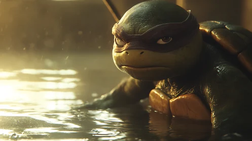 Armored mutant turtle warrior emerging from glowing water.