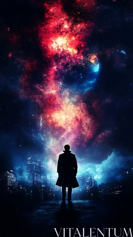 Silhouetted figure observes vivid cosmic nebula above city