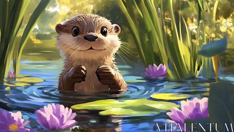 Otterling pauses mid-paddle, crowned by twilight waterlilies