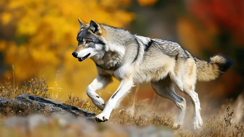 Photorealistic wolf in dynamic autumn wilderness composition.