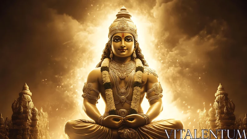 Golden meditative deity statue under radiant celestial light.