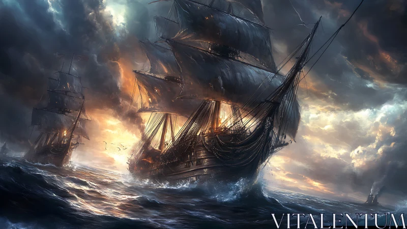Storm-lit tall ships riding wild waves at fiery sunset.