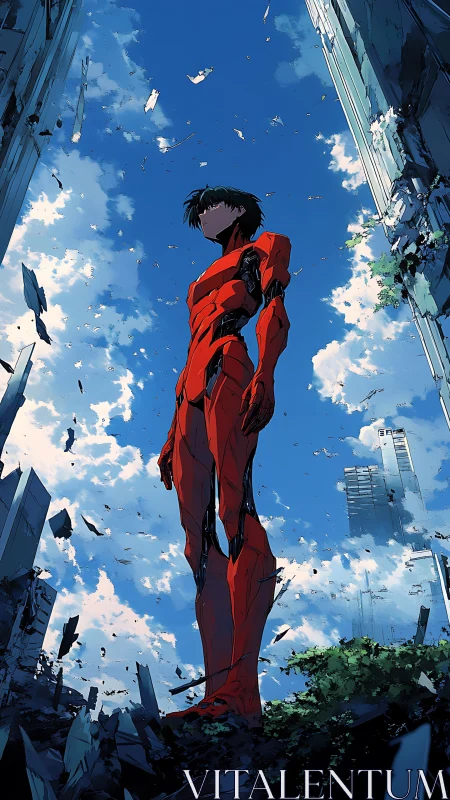 Red exosuit sentinel in ruined city under expansive sky.