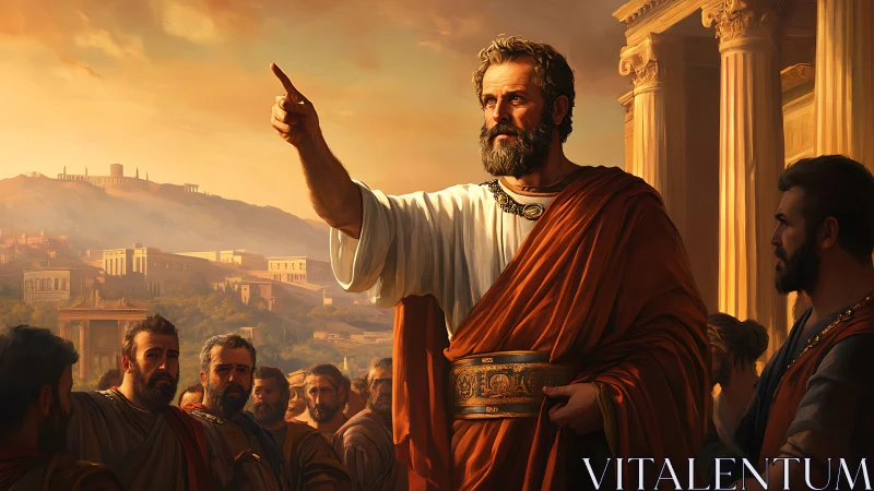 Orator in golden light inspiring a gathered ancient crowd.