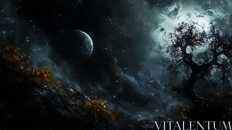 Moonlit sky welcomes a lonely tree in glowing starlit night