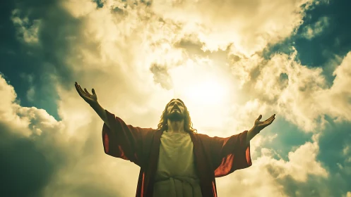 Robe-clad figure lifts arms toward radiant sunlit heavens.