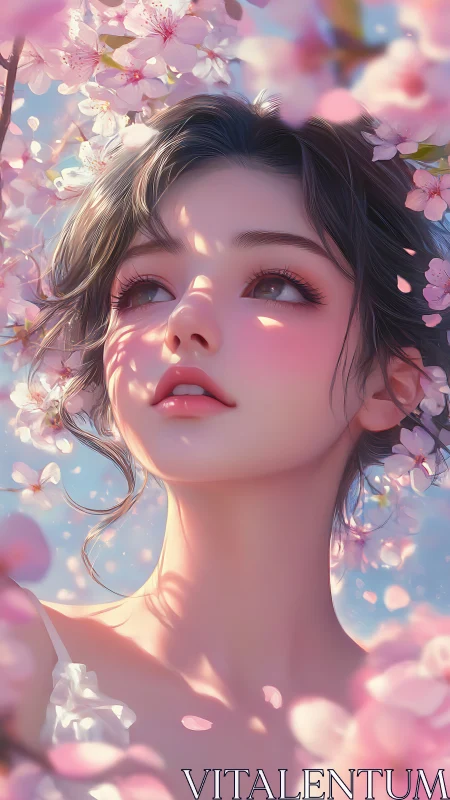 Dreamy cherry blossom portrait bathed in soft spring light.