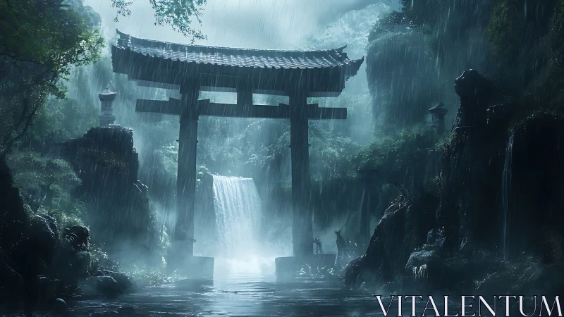 Rain-soaked torii gate framing misty waterfall sanctuary.