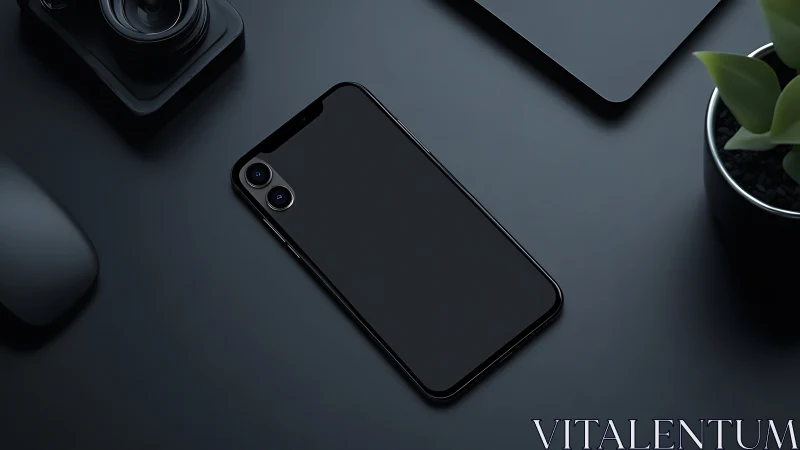 Black Smartphone Flat Lay with Dual Camera Setup.