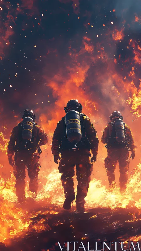 Three firefighters advance through massive inferno.