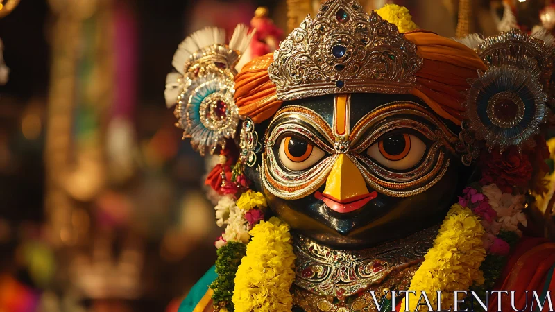Ornate Hindu deity idol with floral garlands and jeweled crown