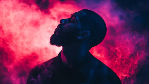 Portrait in neon clouds of pink and electric midnight blue.