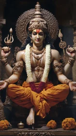Sculpted multi-armed deity figure is seated in ornate shrine