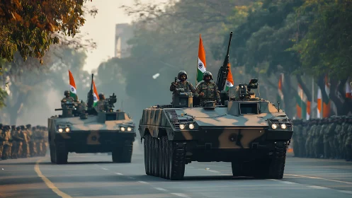 Armored columns roll beneath tricolor banners of resolve.
