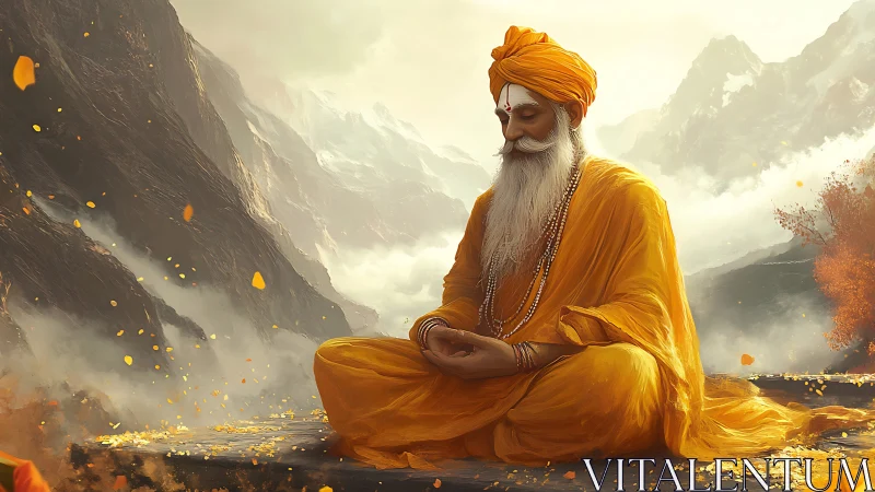 Mountain mystic in saffron robes amid drifting petals.