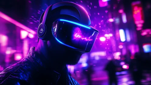 Neon night wanderer exploring a luminous virtual cityscape.