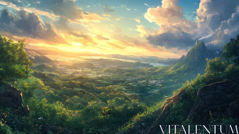 Mountain valley panorama under low sun with distant town.