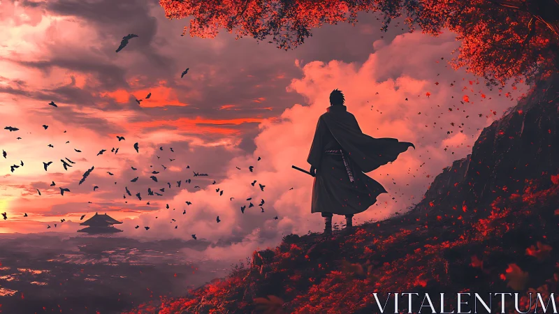 Samurai silhouette on cliff above valley at red sunset sky.