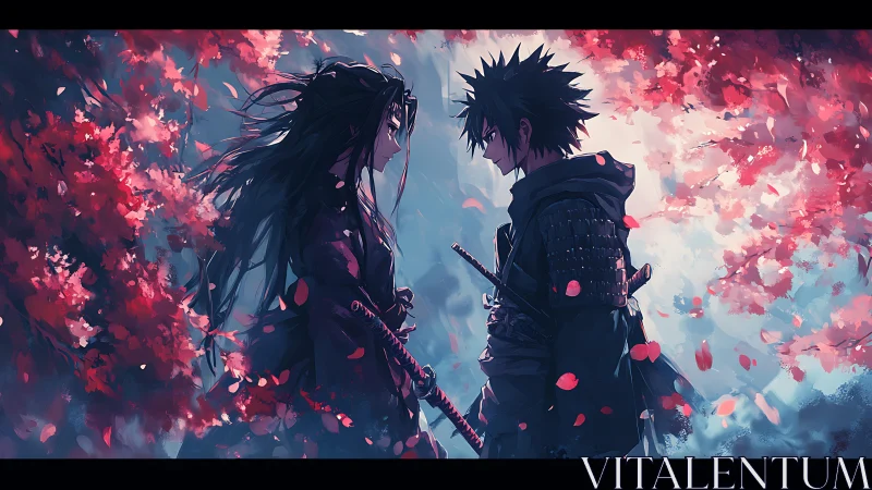 Samurai duelists confront under dynamic sakura foliage contrast