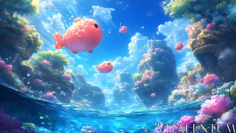 Floating pink fish drift through bright fantasy seascape