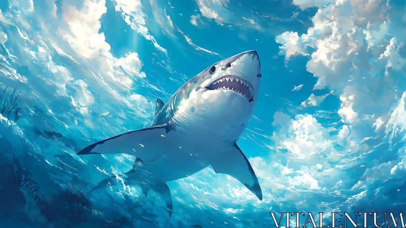 Powerful shark surges upward through sunlit ocean vortex