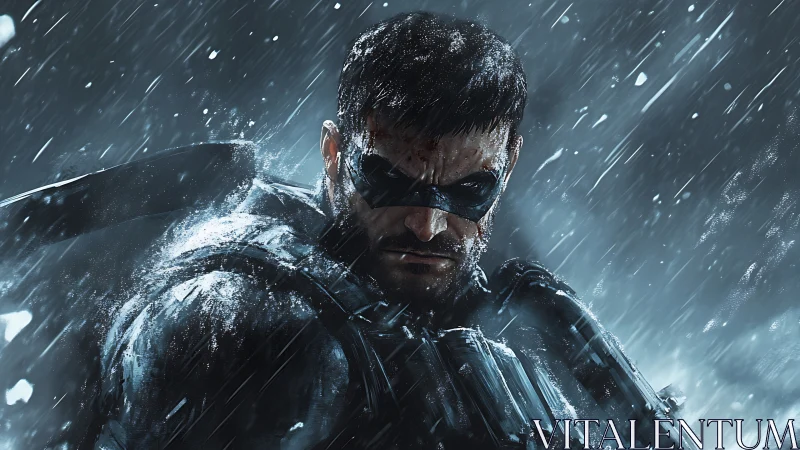 Armored vigilante grips sword under relentless storm rain.