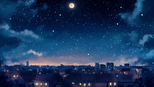 Moonlit rooftop town resting under a dreamy starfield night.