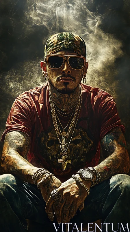 Tattooed street icon sits in swirling golden smoke.