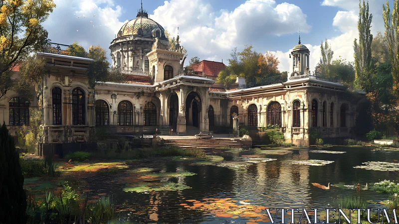 Ornate lakeside palace with dome and autumn trees.