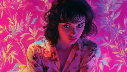 Neon-lit portrait of pensive woman against floral magenta wall