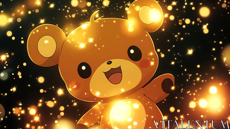 Sparkle-happy teddy bear swimming in golden starlight.