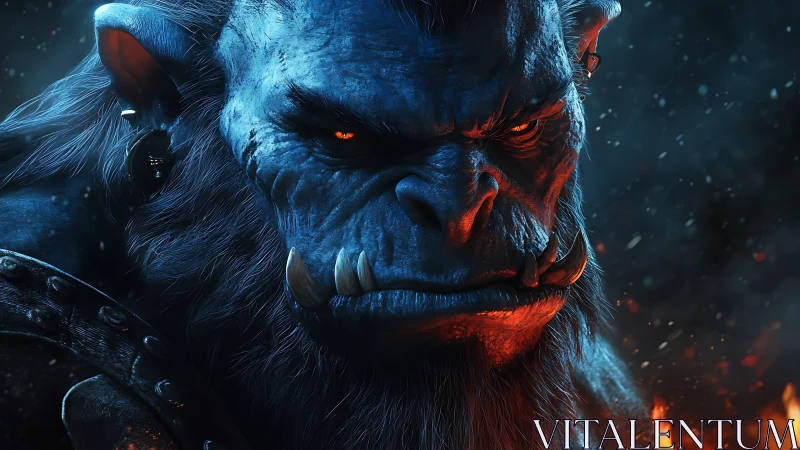 Brooding blue orc warlord in ember-lit blizzard stare-down.
