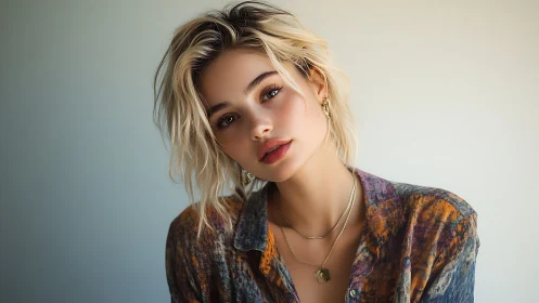 Young woman with short blonde hair poses against plain wall