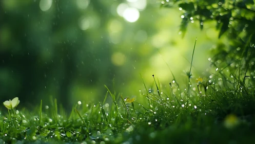 Ground-level view shows wet grass and flowers in light rain