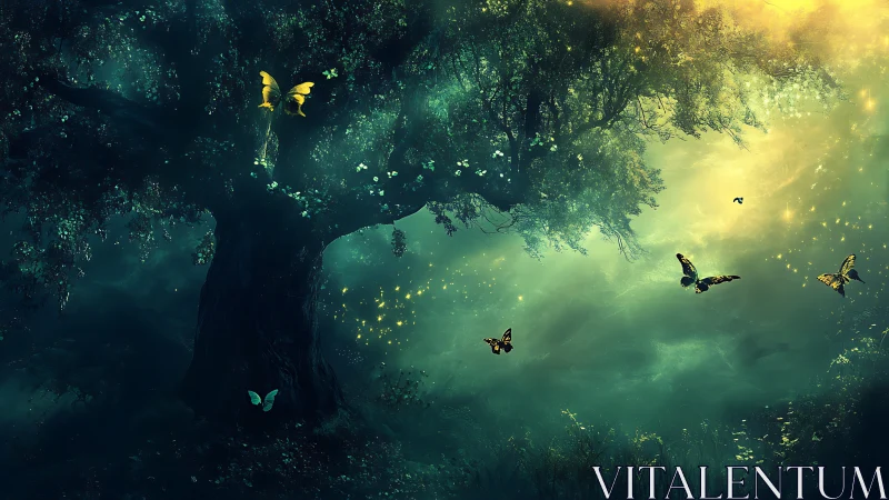 Bioluminescent forest tree with golden butterflies at twilight