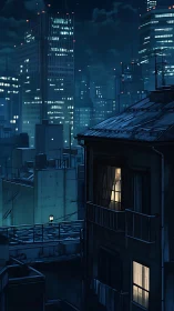 Solitary window glows against a brooding neon city night.