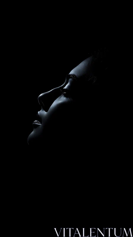 Side-lit female profile emerges from deep black void