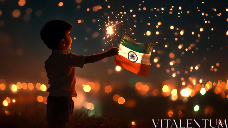 Child with Indian flag and sparkler under luminous bokeh sky.