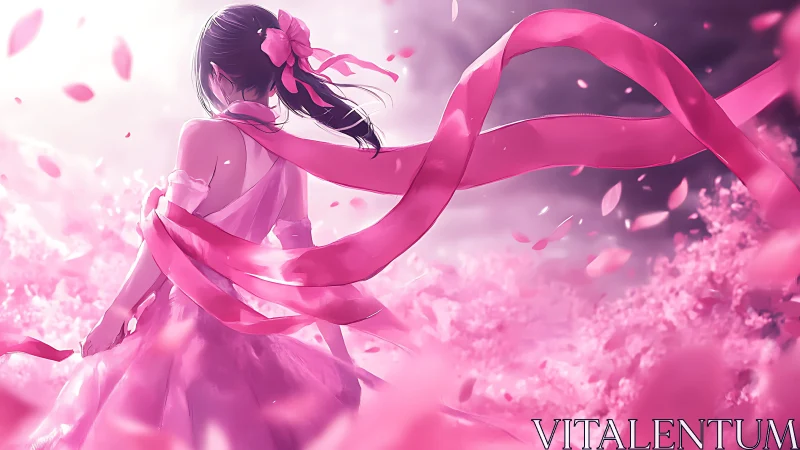 Girl in flowing pink ribbons amid cherry blossoms.