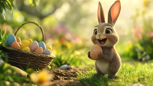 Rendered rabbit holds speckled egg beside basket outdoors