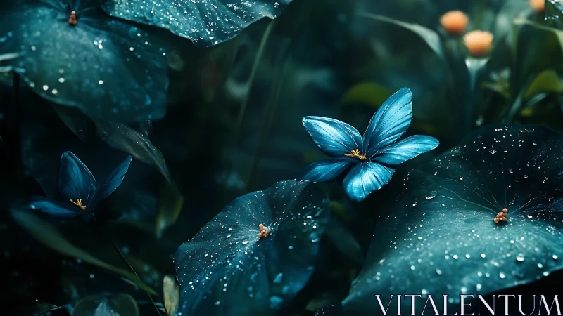 Blue Butterflies on Damp Foliage in Botanical Setting.