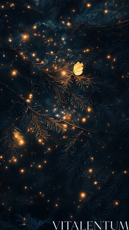 Digital painting of luminous moth over conifer boughs at dusk.