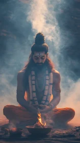 Meditating sage before ritual fire under swirling smoke