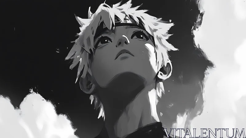 Monochrome anime hero gazing upward into high contrast sky.