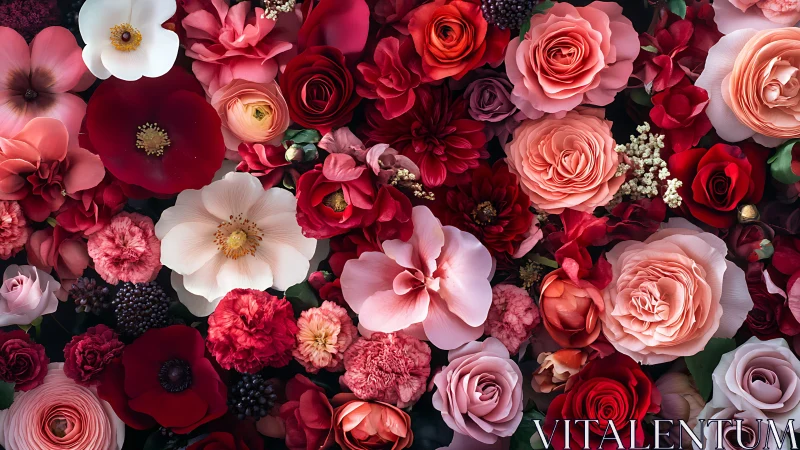 Abundant Floral Arrangement with Red, Pink, and White Blooms.